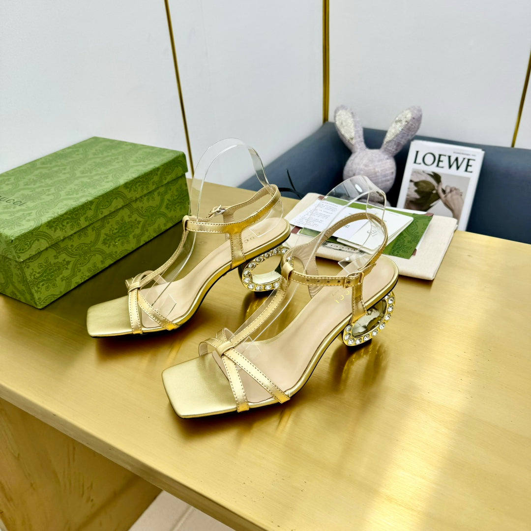 GUCCI MEDIUM-HEEL SANDAL IN GOLD CALFSKIN GOLD HARDWARE WITH RHINSTONES