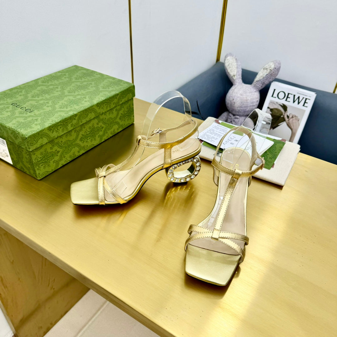 GUCCI MEDIUM-HEEL SANDAL IN GOLD CALFSKIN GOLD HARDWARE WITH RHINSTONES