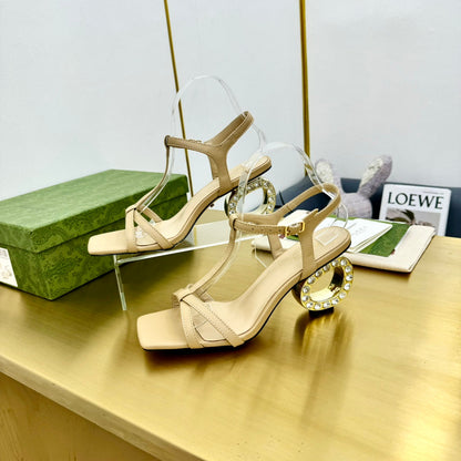 GUCCI MEDIUM-HEEL SANDAL IN TAN BEIGE CALFSKIN GOLD HARDWARE WITH RHINSTONES