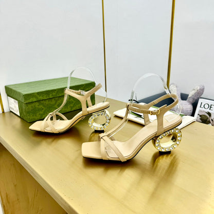 GUCCI MEDIUM-HEEL SANDAL IN TAN BEIGE CALFSKIN GOLD HARDWARE WITH RHINSTONES