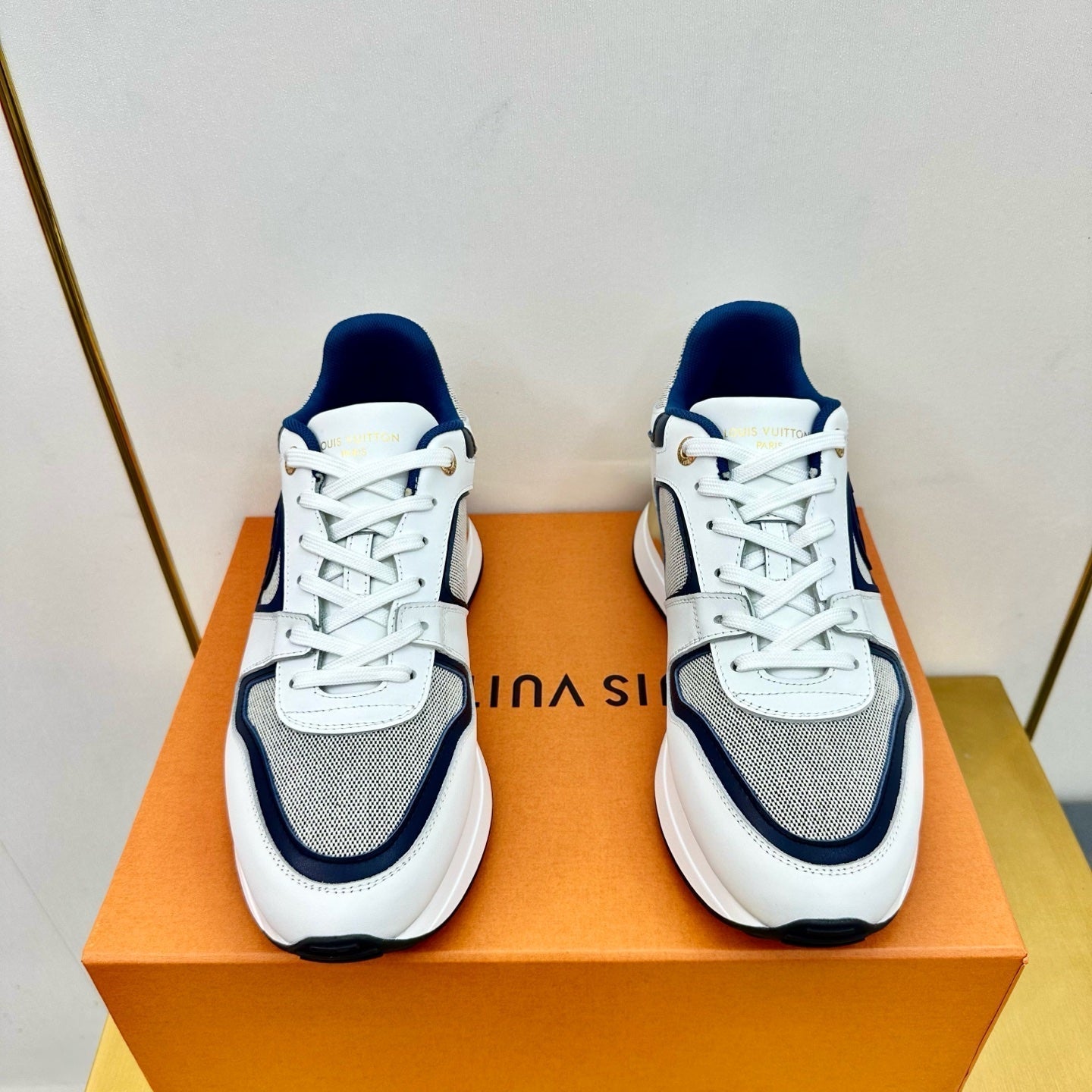 LOUIS VUITTON NEO RUN AWAY SNEAKER IN WHITE MIX NAVY BLUE CALFSKIN