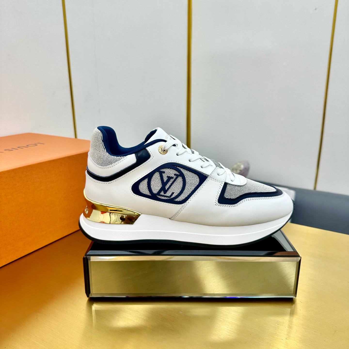 LOUIS VUITTON NEO RUN AWAY SNEAKER IN WHITE MIX NAVY BLUE CALFSKIN