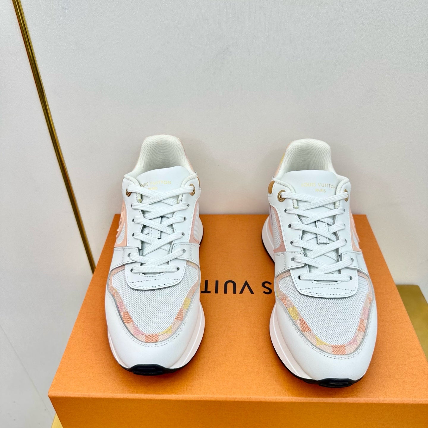 LOUIS VUITTON NEO RUN AWAY SNEAKER IN WHITE MIX PEACH PINK CALFSKIN