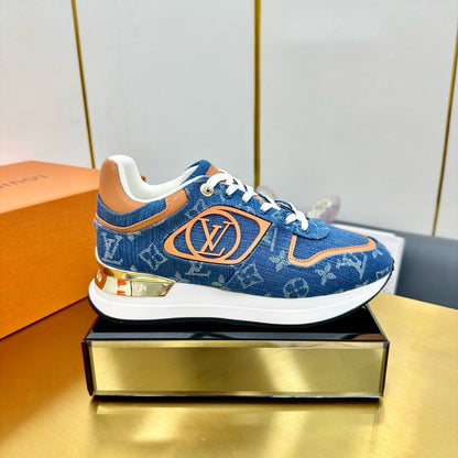 LOUIS VUITTON NEO RUN AWAY SNEAKER IN CLASSIC BLUE MONOGRAM DENIM AND ORANGE CALFSKIN
