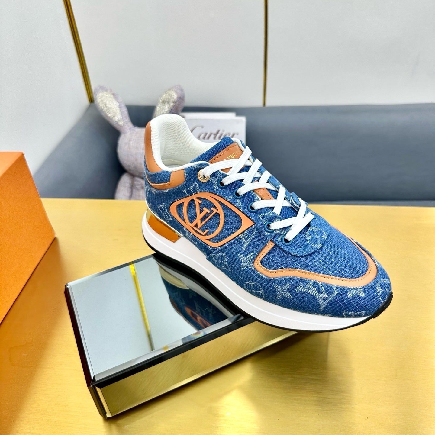 LOUIS VUITTON NEO RUN AWAY SNEAKER IN CLASSIC BLUE MONOGRAM DENIM AND ORANGE CALFSKIN