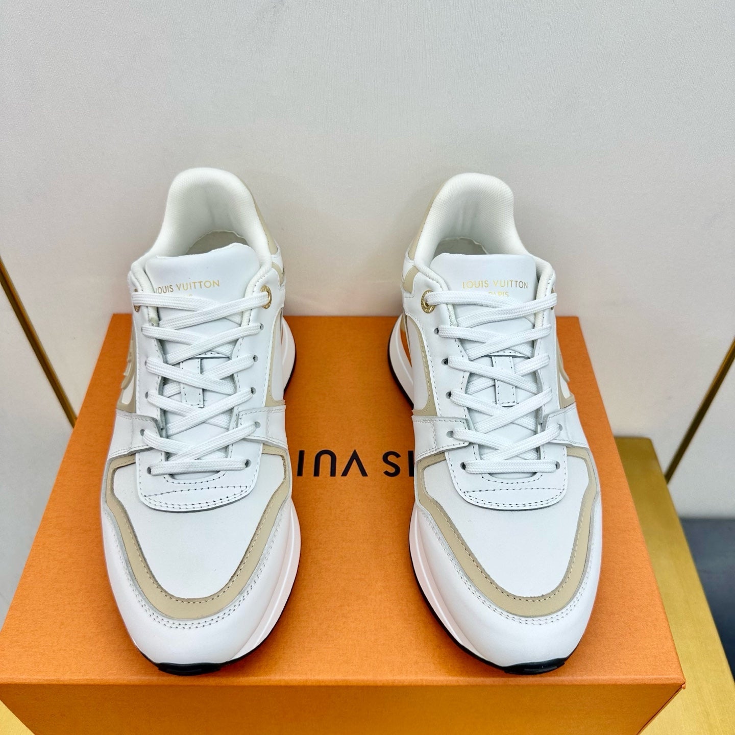 LOUIS VUITTON NEO RUN AWAY SNEAKER IN WHITE MIX GOLD CALFSKIN