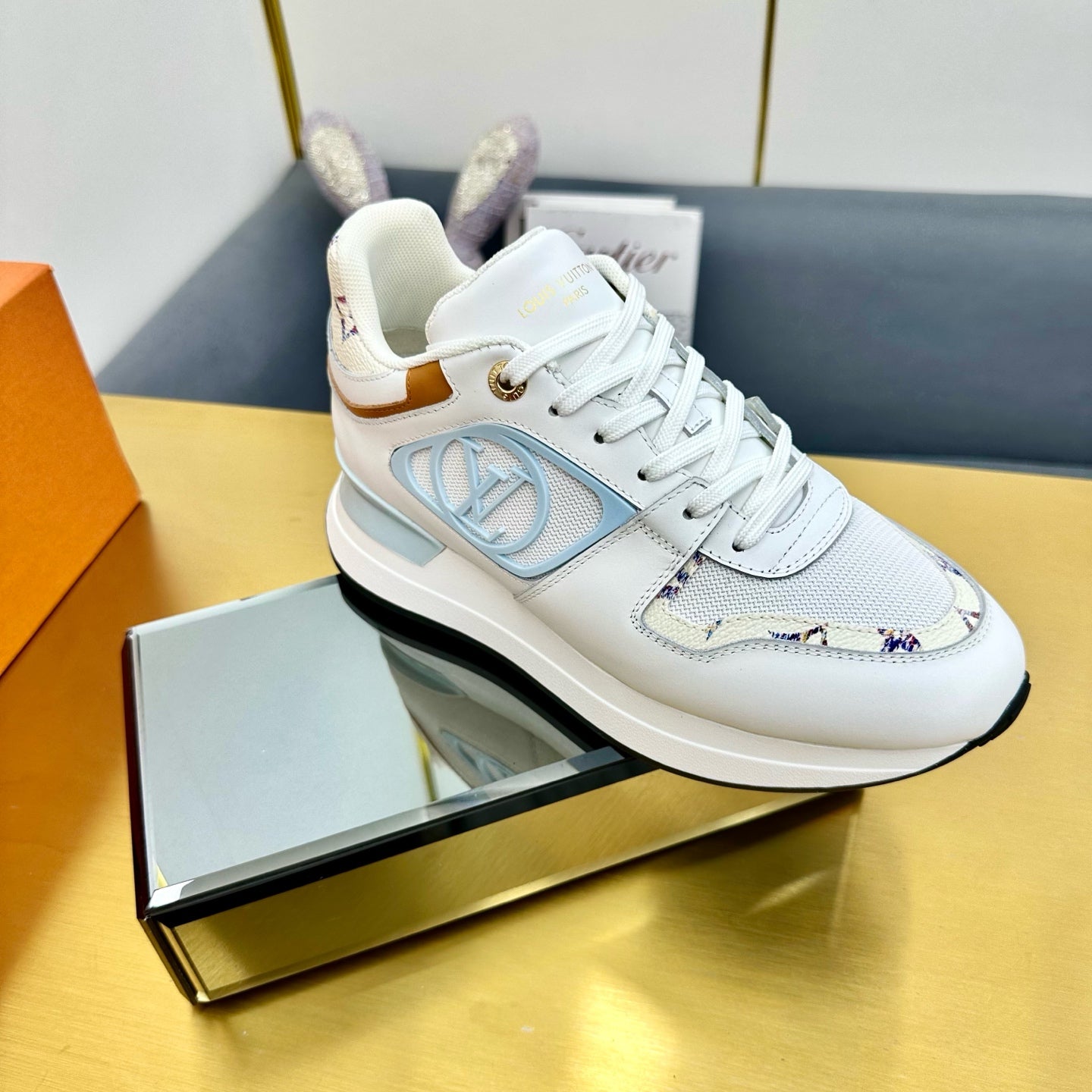 LOUIS VUITTON NEO RUN AWAY SNEAKER IN WHITE MIX SKY BLUE CALFSKIN