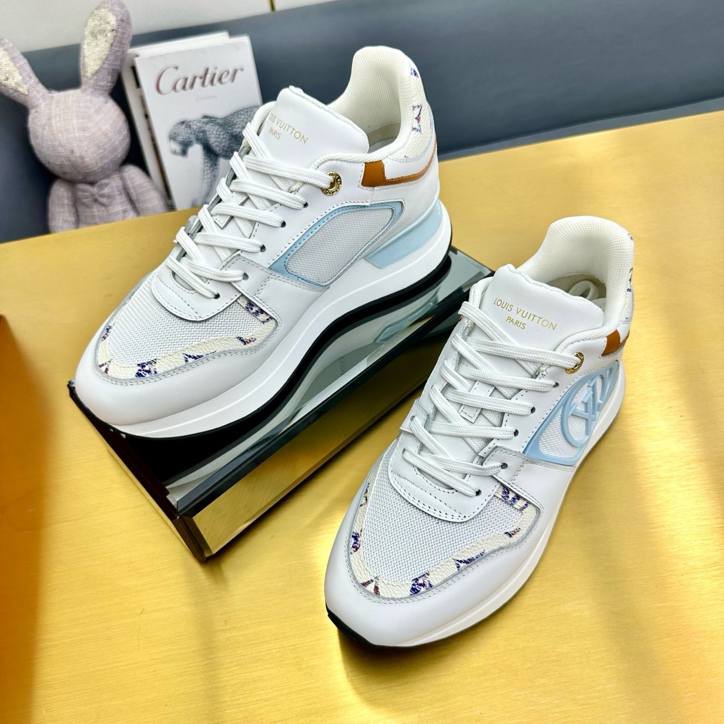 LOUIS VUITTON NEO RUN AWAY SNEAKER IN WHITE MIX SKY BLUE CALFSKIN
