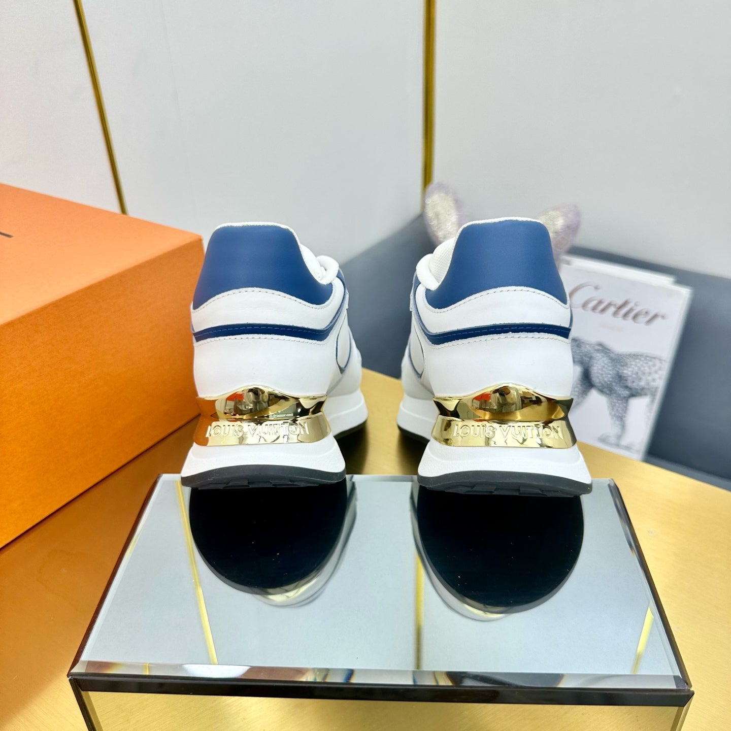 LOUIS VUITTON NEO RUN AWAY SNEAKER IN WHITE MIX COBALT BLUE CALFSKIN