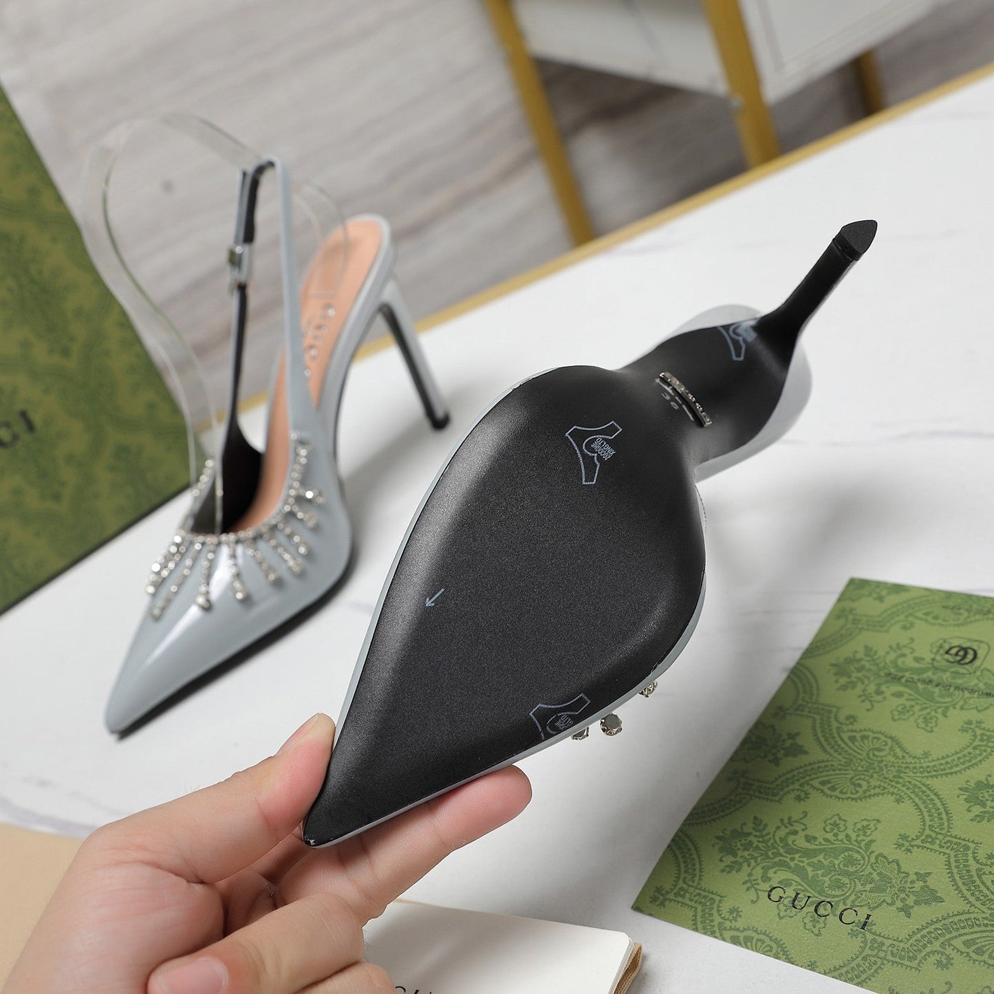 GUCCI CRYSTAL HIGH HEEL SANDAL CLOUD LAMBSKIN