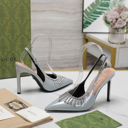 GUCCI CRYSTAL HIGH HEEL SANDAL CLOUD LAMBSKIN