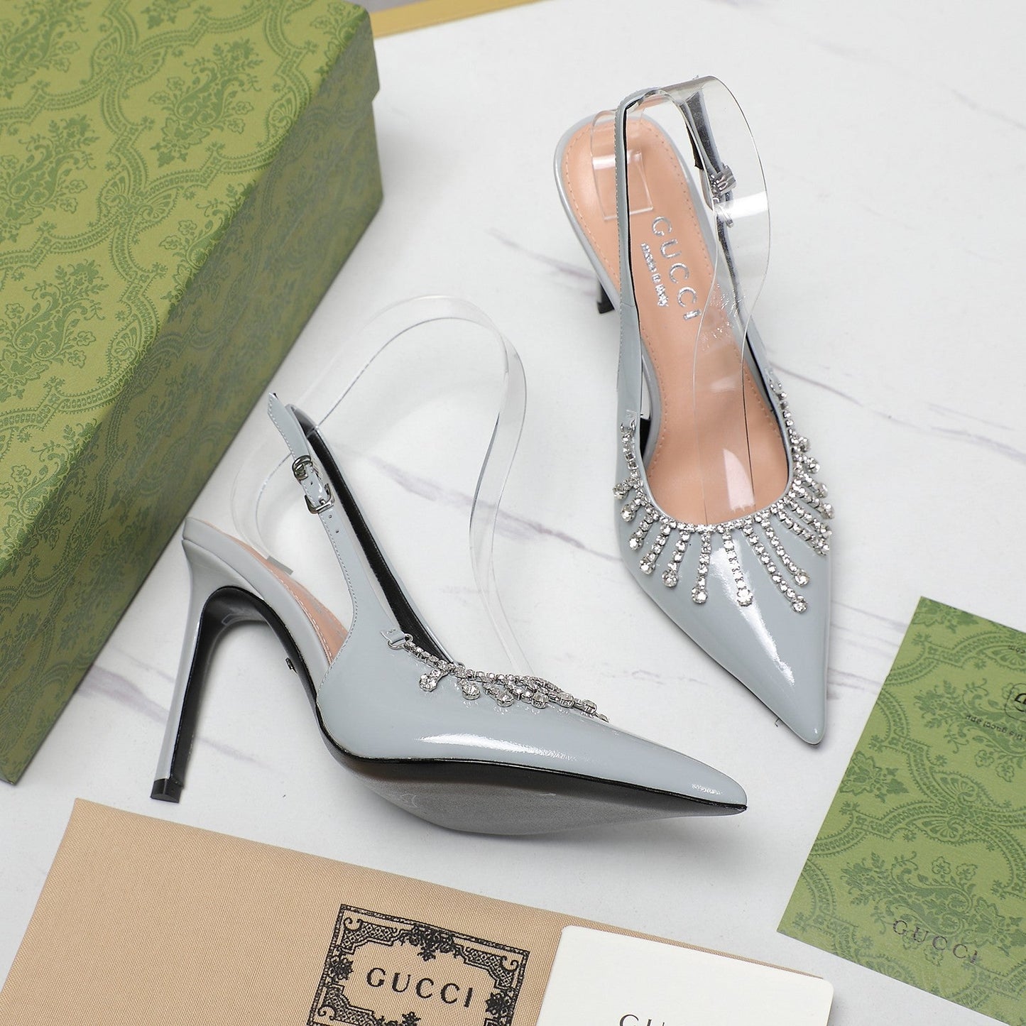 GUCCI CRYSTAL HIGH HEEL SANDAL CLOUD LAMBSKIN