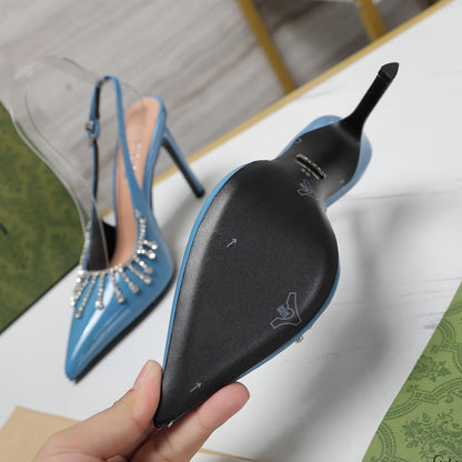 GUCCI CRYSTAL HIGH HEEL SANDAL CERULEAN LAMBSKIN