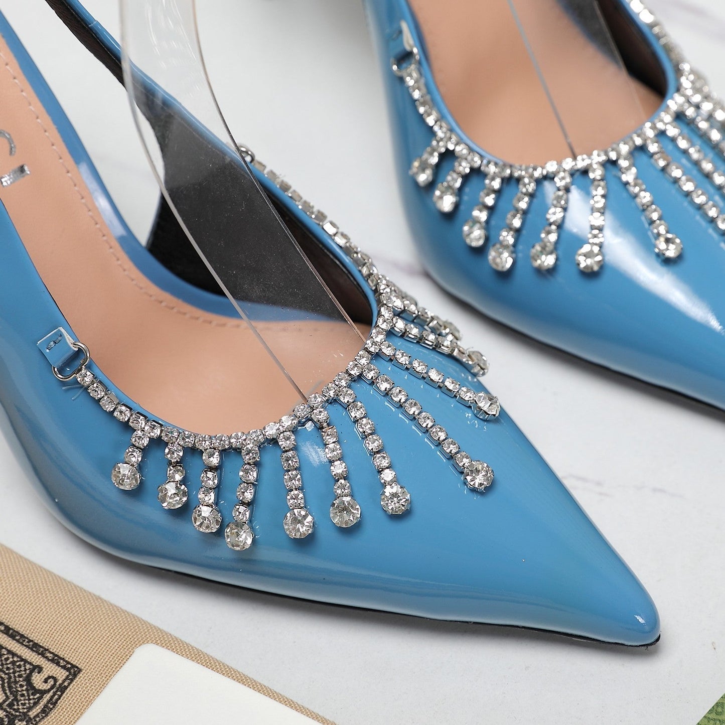 GUCCI CRYSTAL HIGH HEEL SANDAL CERULEAN LAMBSKIN