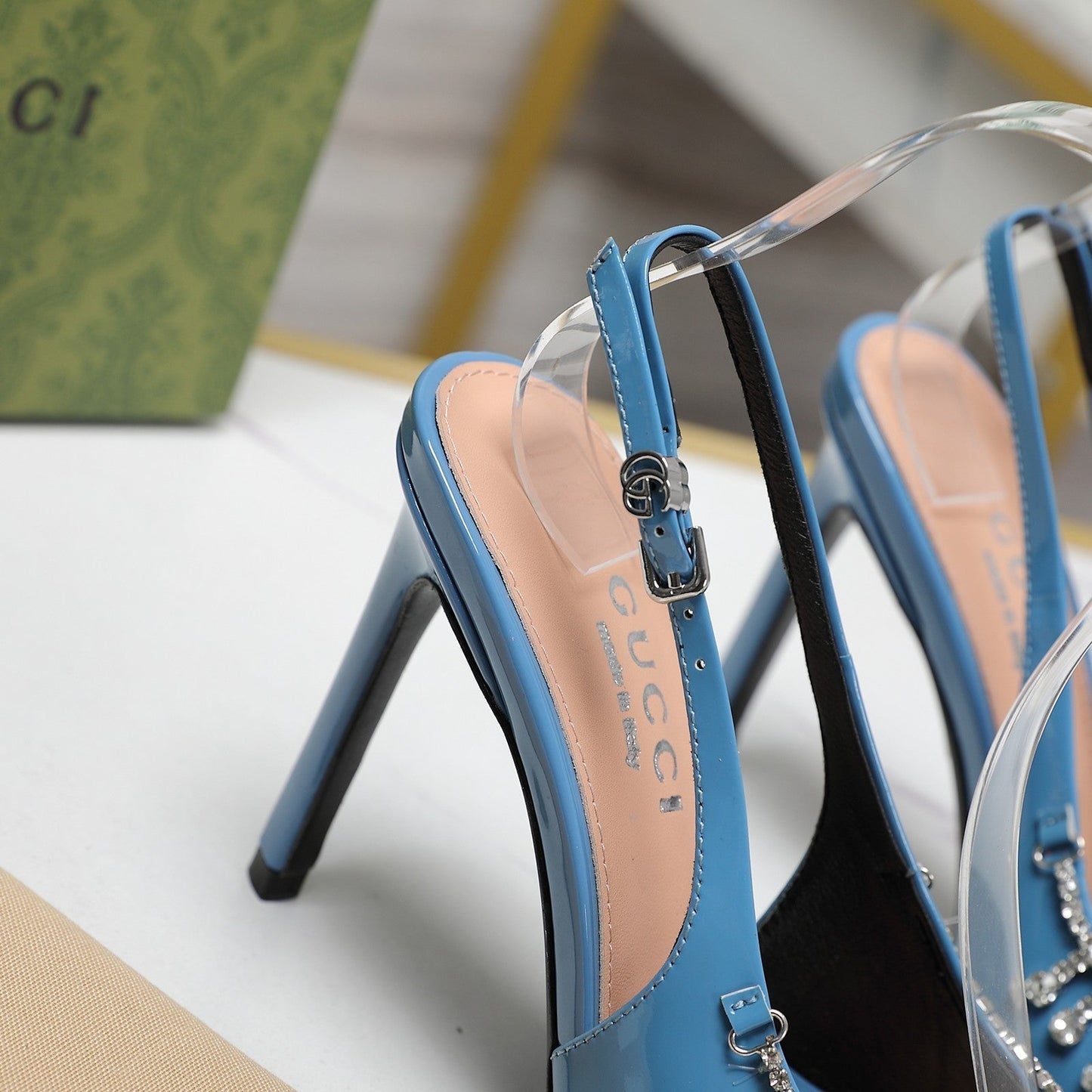 GUCCI CRYSTAL HIGH HEEL SANDAL CERULEAN LAMBSKIN