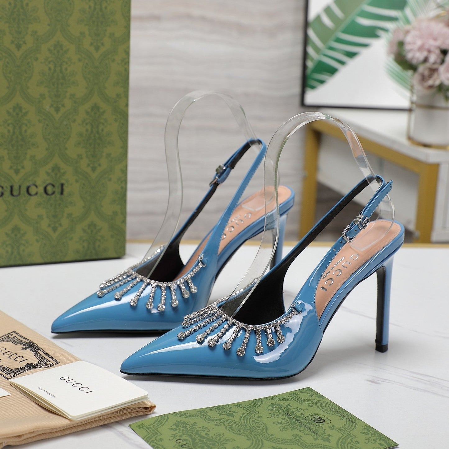 GUCCI CRYSTAL HIGH HEEL SANDAL CERULEAN LAMBSKIN