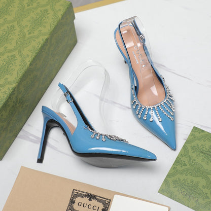 GUCCI CRYSTAL HIGH HEEL SANDAL CERULEAN LAMBSKIN