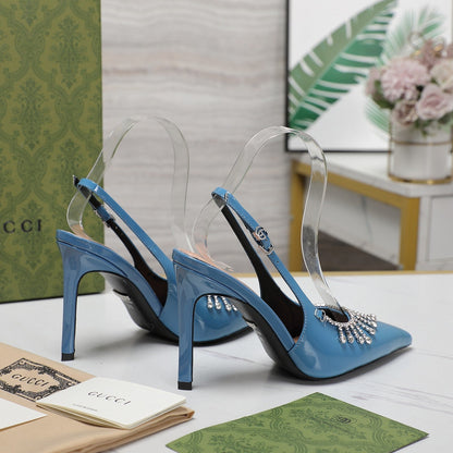 GUCCI CRYSTAL HIGH HEEL SANDAL CERULEAN LAMBSKIN