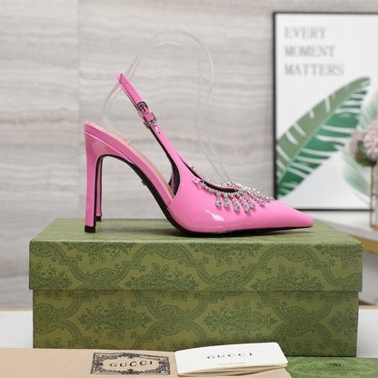 GUCCI CRYSTAL HIGH HEEL SANDAL BRIGHT PINK LAMBSKIN