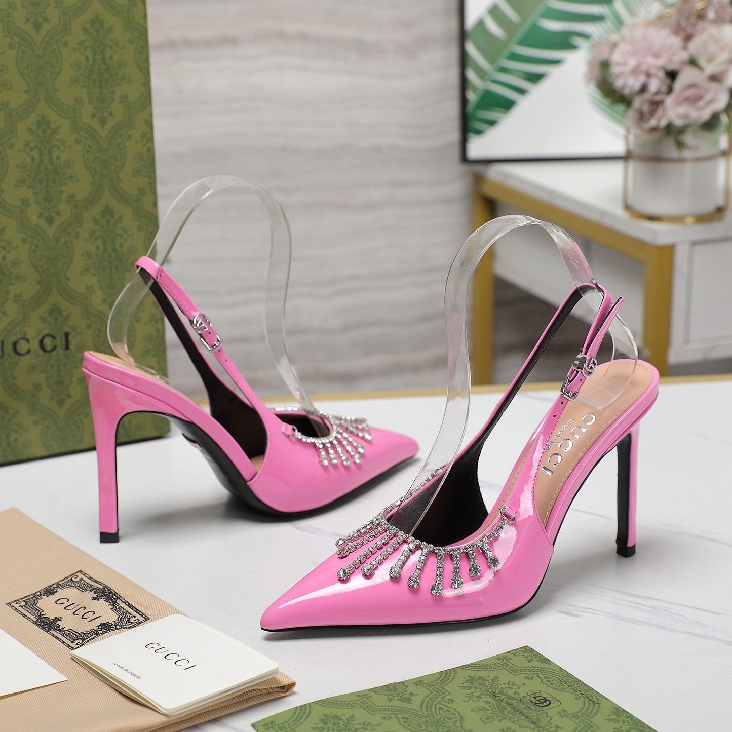 GUCCI CRYSTAL HIGH HEEL SANDAL BRIGHT PINK LAMBSKIN