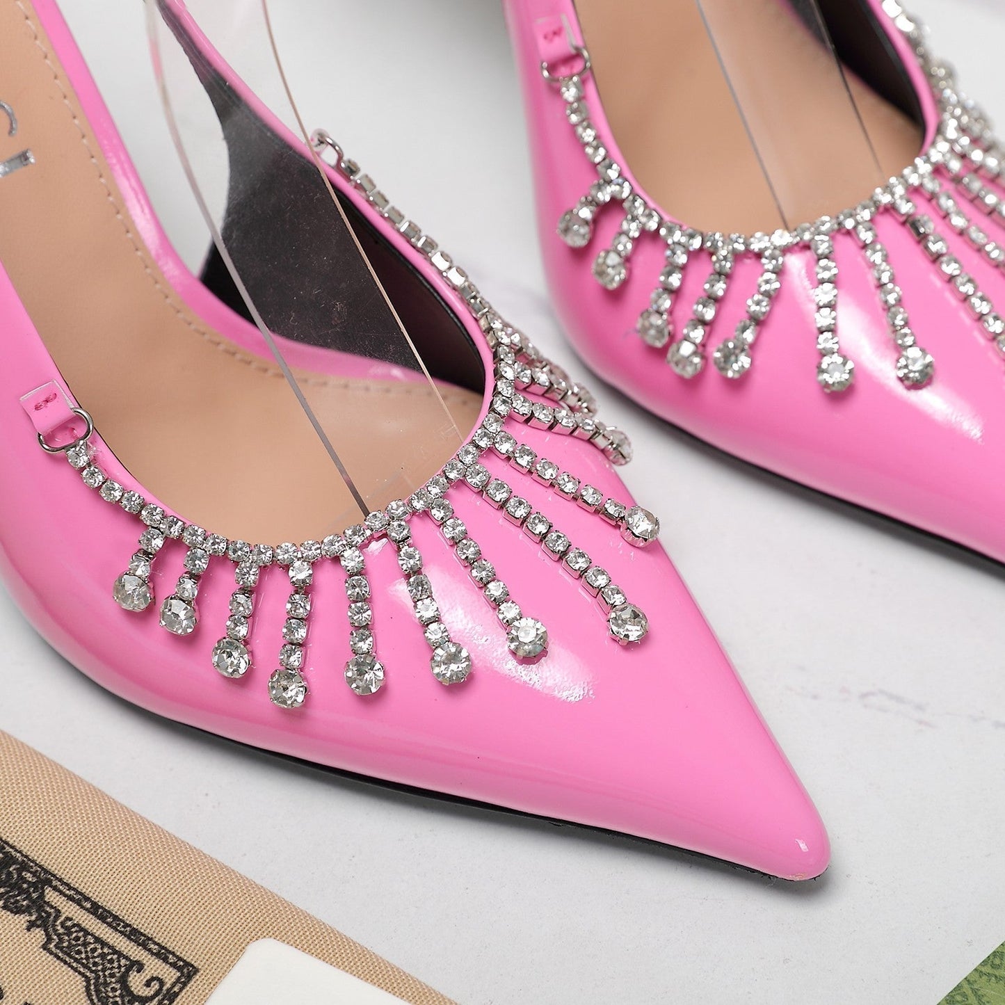 GUCCI CRYSTAL HIGH HEEL SANDAL BRIGHT PINK LAMBSKIN
