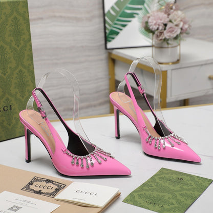 GUCCI CRYSTAL HIGH HEEL SANDAL BRIGHT PINK LAMBSKIN
