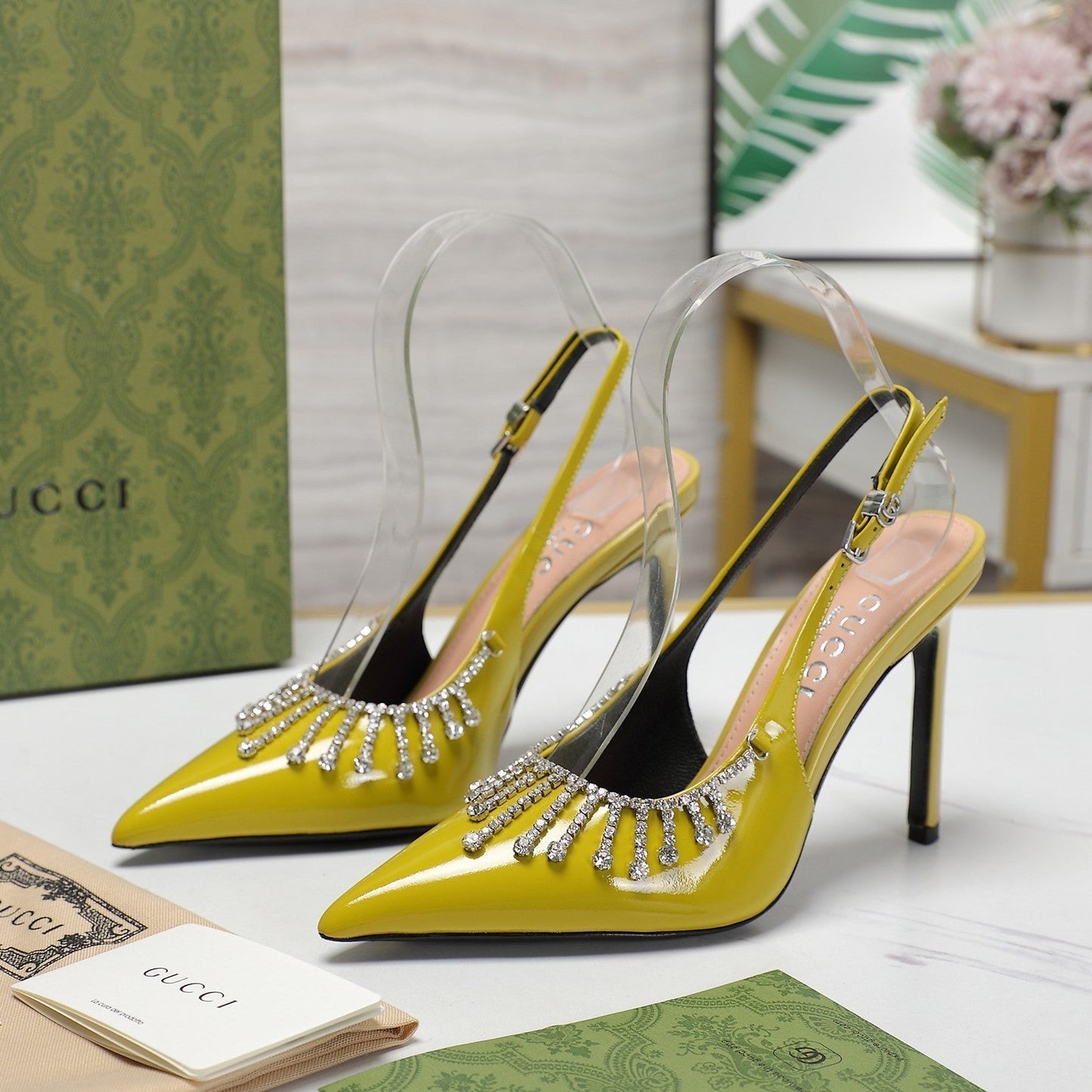 GUCCI CRYSTAL HIGH HEEL SANDAL LEMON LAMBSKIN