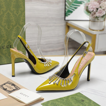 GUCCI CRYSTAL HIGH HEEL SANDAL LEMON LAMBSKIN