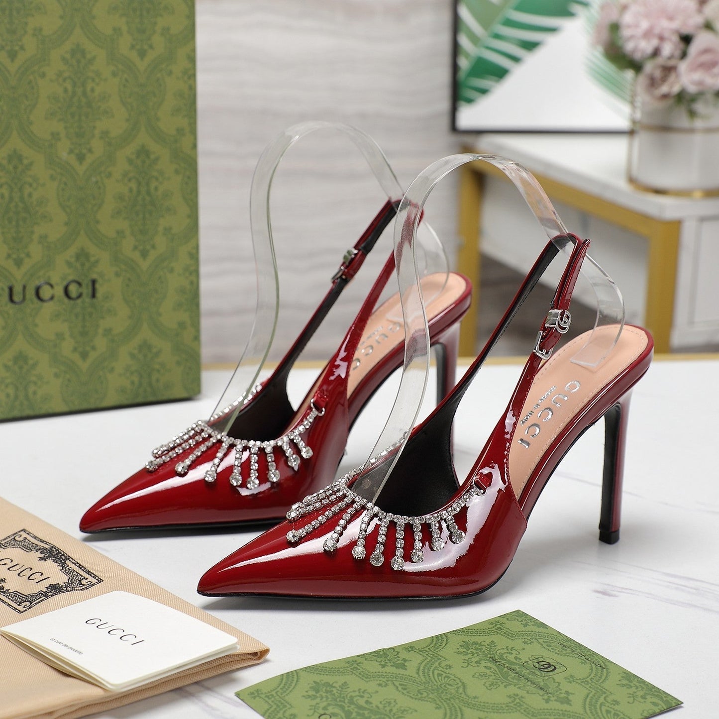 GUCCI CRYSTAL HIGH HEEL SANDAL SCARLET LAMBSKIN