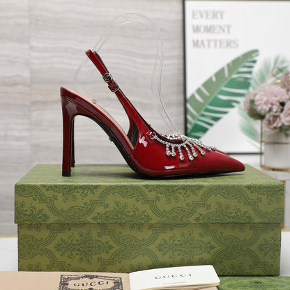 GUCCI CRYSTAL HIGH HEEL SANDAL SCARLET LAMBSKIN