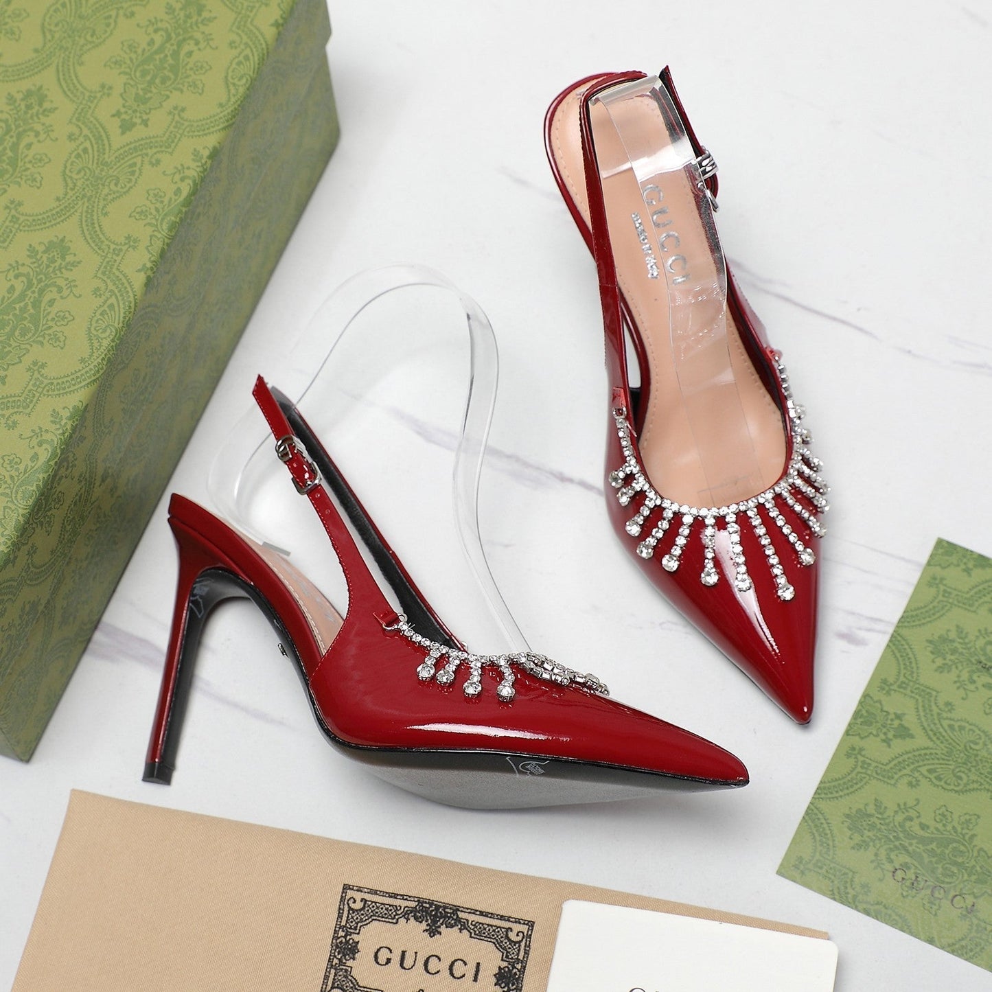 GUCCI CRYSTAL HIGH HEEL SANDAL SCARLET LAMBSKIN