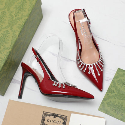 GUCCI CRYSTAL HIGH HEEL SANDAL SCARLET LAMBSKIN