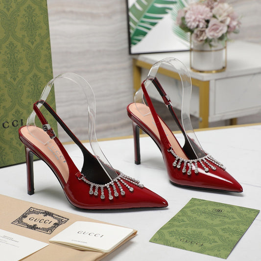 GUCCI CRYSTAL HIGH HEEL SANDAL SCARLET LAMBSKIN