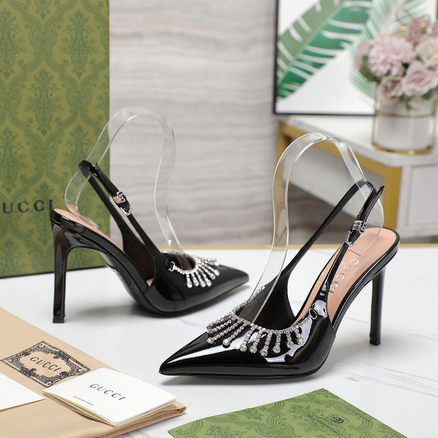 GUCCI CRYSTAL HIGH HEEL SANDAL BLACK LAMBSKIN