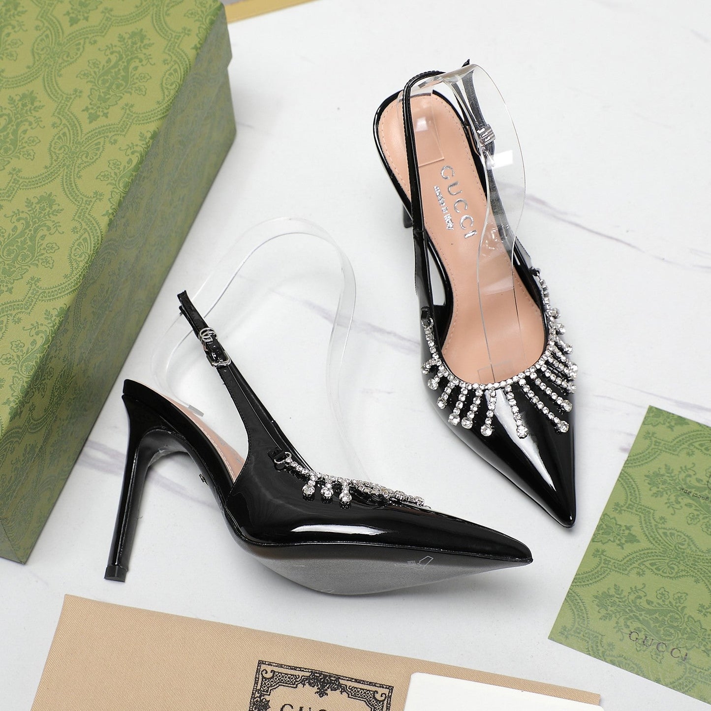 GUCCI CRYSTAL HIGH HEEL SANDAL BLACK LAMBSKIN