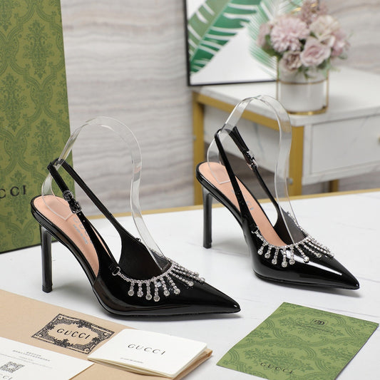 GUCCI CRYSTAL HIGH HEEL SANDAL BLACK LAMBSKIN