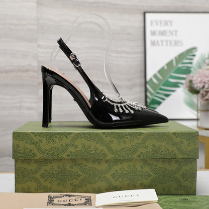 GUCCI CRYSTAL HIGH HEEL SANDAL BLACK LAMBSKIN