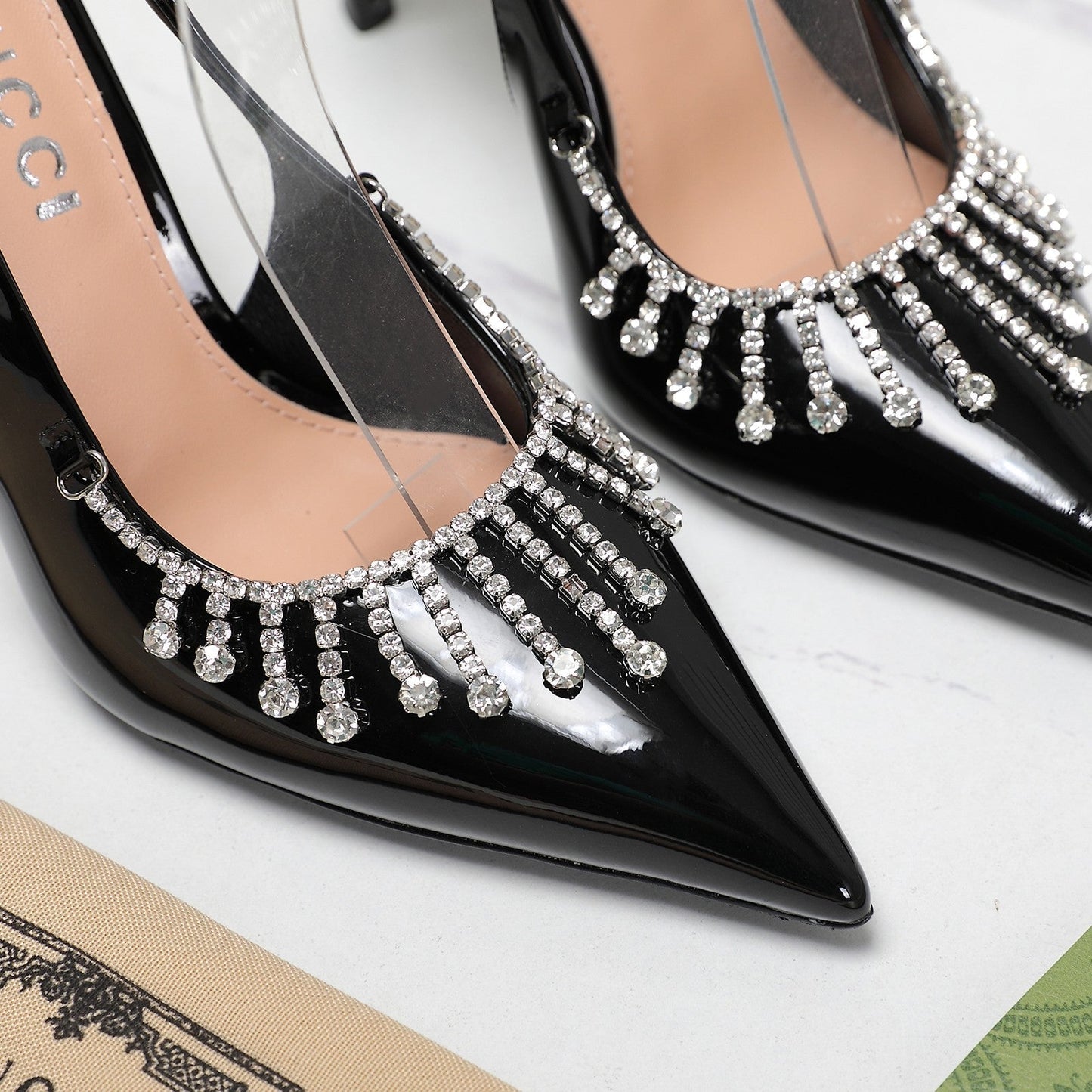 GUCCI CRYSTAL HIGH HEEL SANDAL BLACK LAMBSKIN