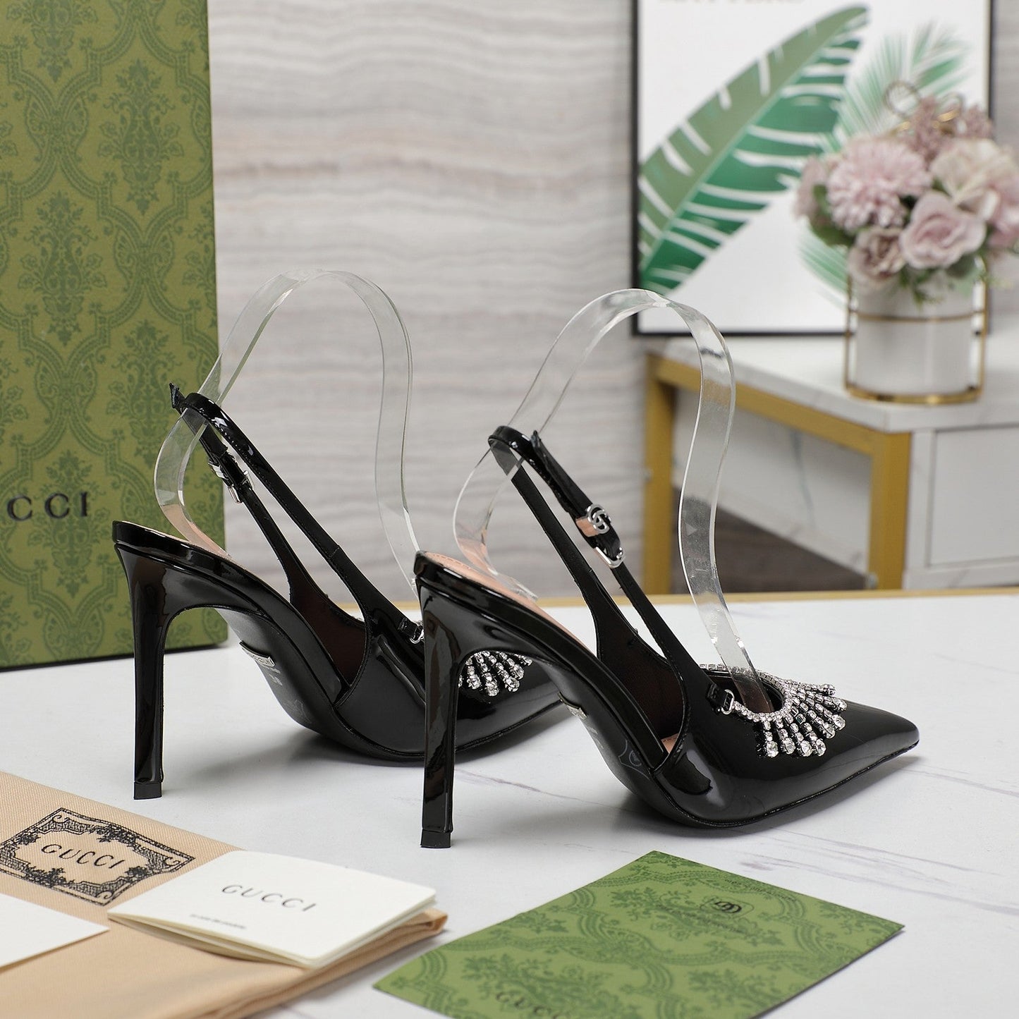 GUCCI CRYSTAL HIGH HEEL SANDAL BLACK LAMBSKIN