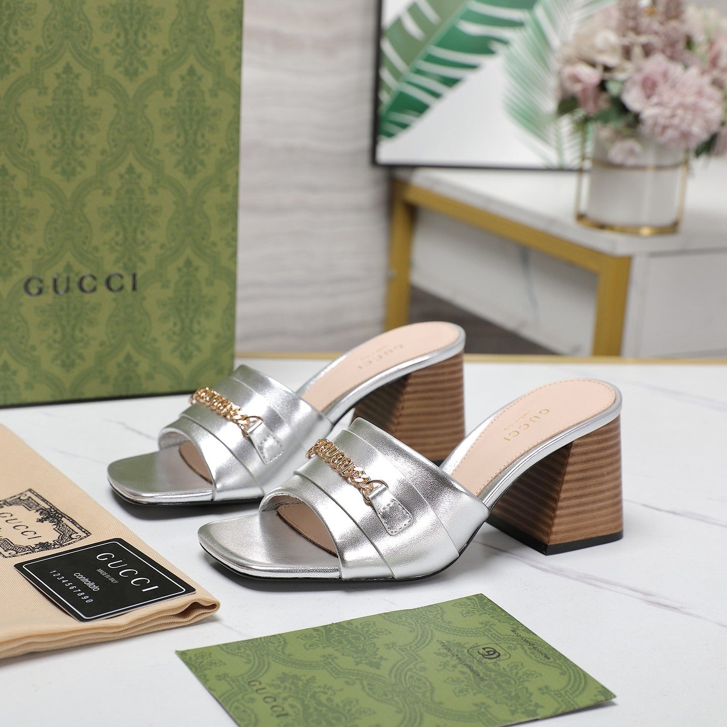 GUCCI High Heels Half Slippers Silver