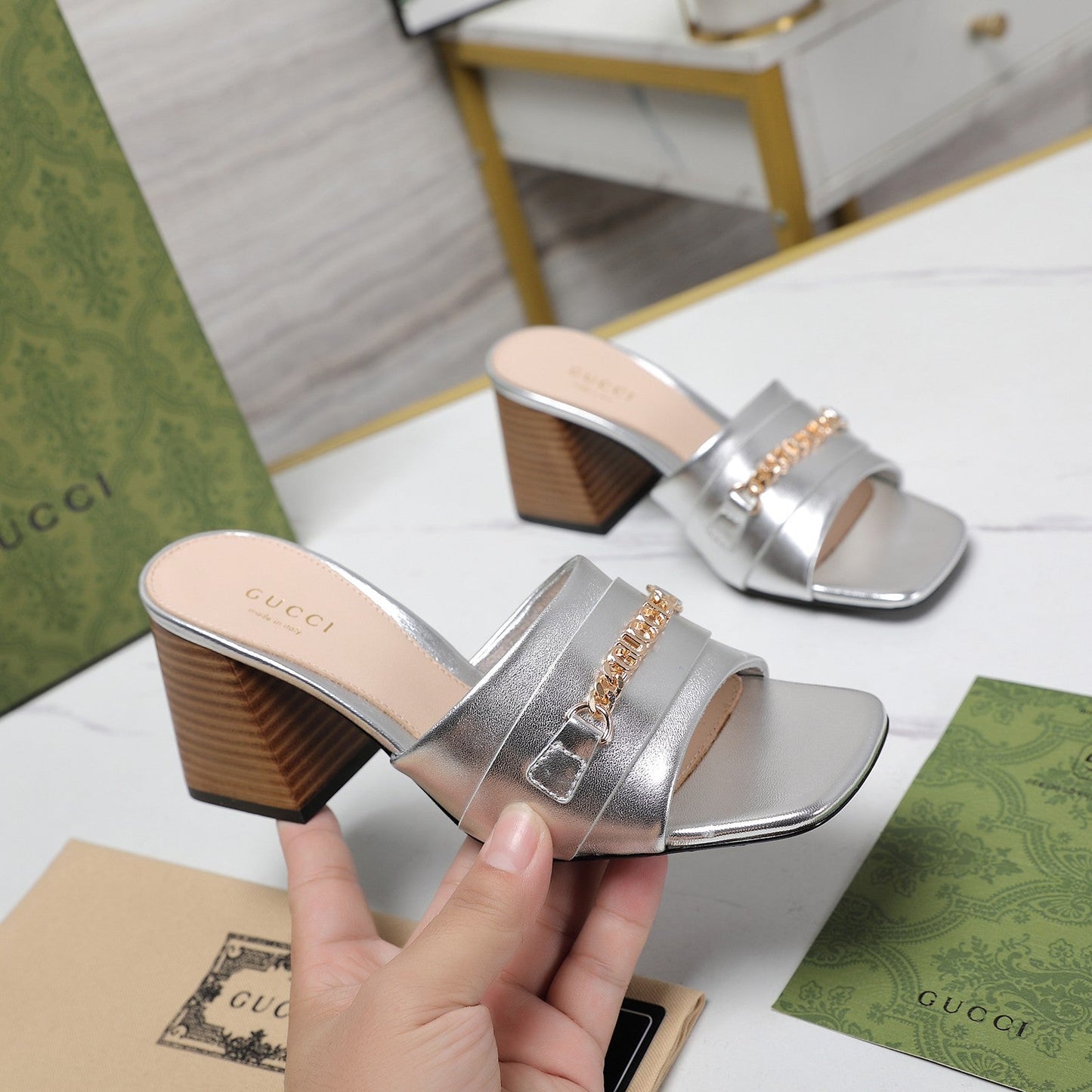 GUCCI High Heels Half Slippers Silver