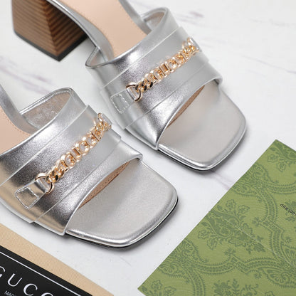 GUCCI High Heels Half Slippers Silver