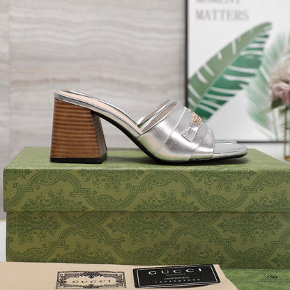 GUCCI High Heels Half Slippers Silver