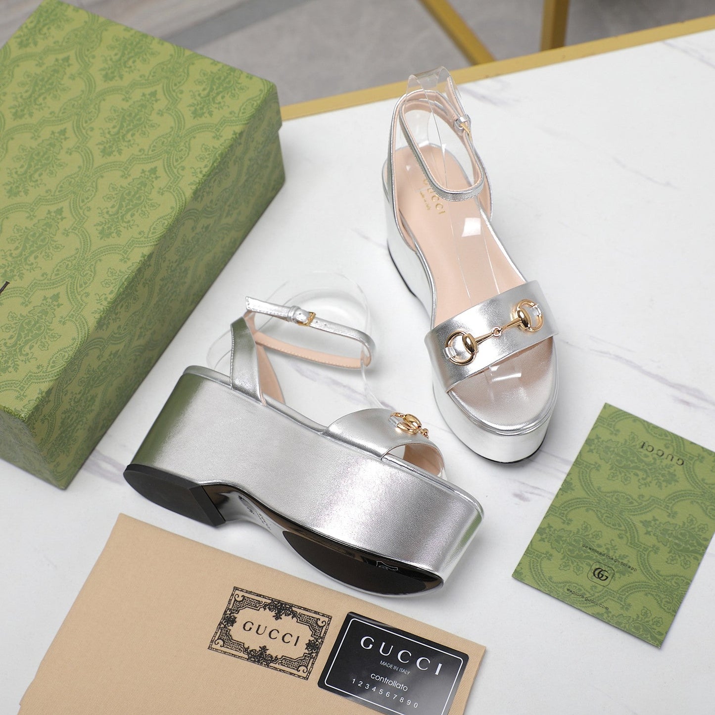 GUCCI Horsebit Wedges Sandals Silver