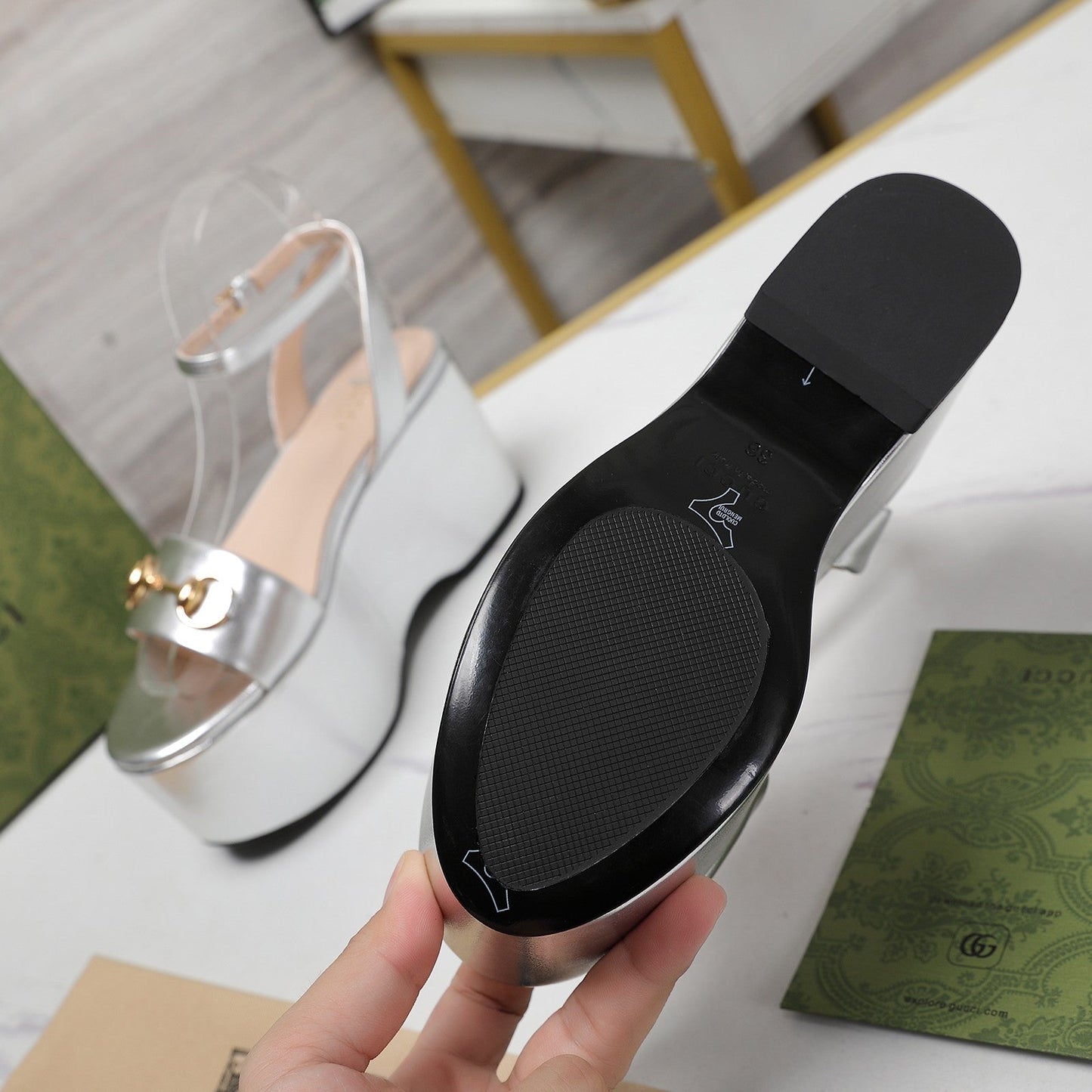 GUCCI Horsebit Wedges Sandals Silver
