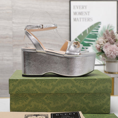 GUCCI Horsebit Wedges Sandals Silver