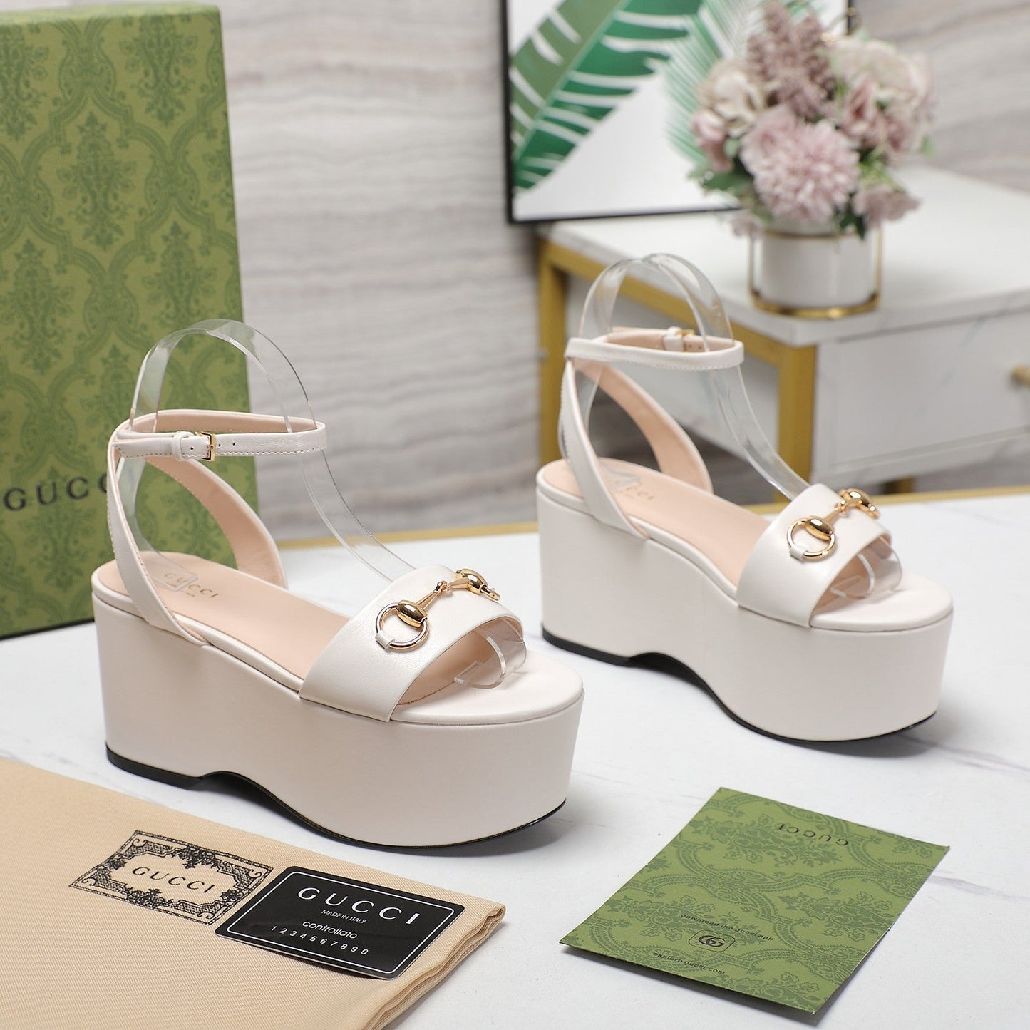 GUCCI Horsebit Wedges Sandals White