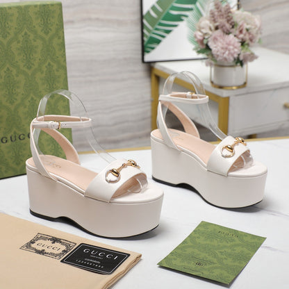 GUCCI Horsebit Wedges Sandals White