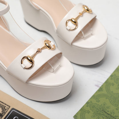 GUCCI Horsebit Wedges Sandals White