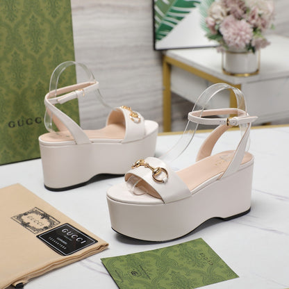 GUCCI Horsebit Wedges Sandals White